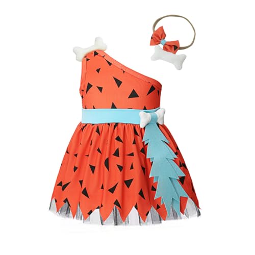 Jowowha Baby Mädchen Kleid Höhlenmädchen Kleid mit Haarband Steinzeit Feuerstein Kostüm Halloween Karneval Faschingskostüm Orange 74-80 von Jowowha