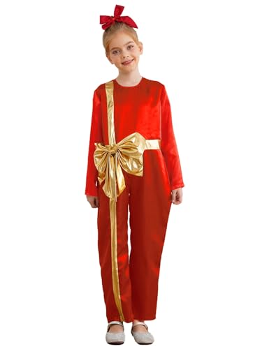 Jowowha Mädchen Weihnachten Jumpsuit Geschenkbox Weihnachten Body Overall Kinder Weihnachten Kostüm Xmas Weihnachtsoutfits Rot 158-164 von Jowowha