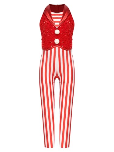 Jowowha Mädchen Weihnachten Kostüm Zuckerstangen Streifen Overall Jumpsuit Pailletten Tanzbody Ballett Trikotanzug Weihnachtsoutfits Tanzkostüm Rot 158-164 von Jowowha