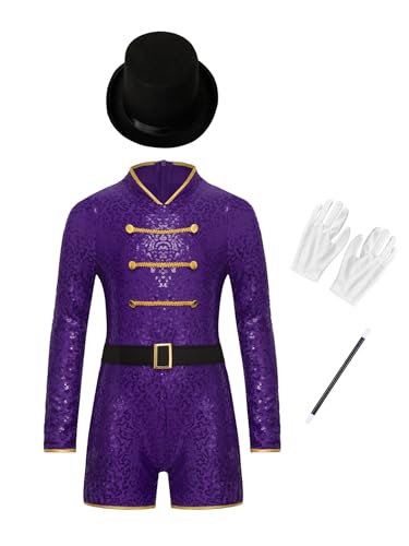 Jowowha Mädchen Zirkus Kostüm Zirkusdirektor Pailletten Body Overall mit Mütze Zubehör Ringmaster Kostüm Halloween Weihnachten Karneval Party Clubwear Lila 110-116 von Jowowha