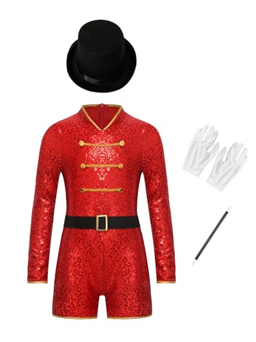 Jowowha Mädchen Zirkus Kostüm Zirkusdirektor Pailletten Body Overall mit Mütze Zubehör Ringmaster Kostüm Halloween Weihnachten Karneval Party Clubwear Rot 146-152 von Jowowha