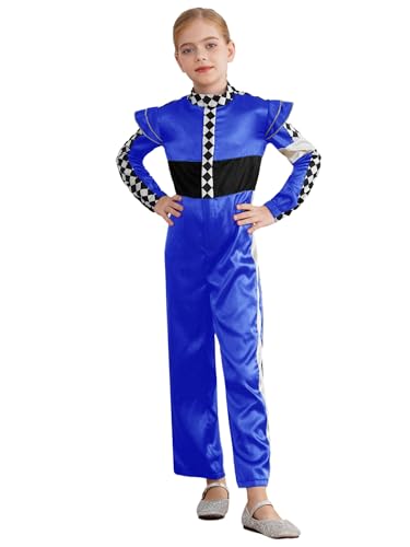 Jowowha Rennfahrer Kostüm Mädchen Rennfahrer Uniform Langarm Overall Jumpsuit Ganzkörperanzug Formel 1 Kostüm Halloween Karneval Fasching Royal Blau 158-164 von Jowowha