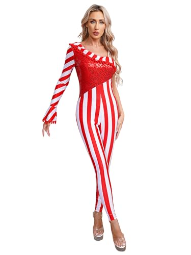 Jowowha Zuckerstangen Kostüm Damen Weihnachten Kostüm Streifen Body Weihnachts Zuckerstangen Overall Jumpsuit Xmas Cosplay Party Rot 4XL von Jowowha