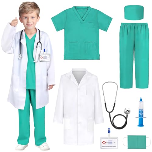 Joxessaien Arztkoffer Kinder Kostüm Arzt Kinder Cosplay, Doctor Fancy Dress Up Spielsets Rollenspiel Zubehör Fasching Halloween Geschenke für Kinder Jungen Mädchen 3 4 5 6 7 8 9 10 Jahre (Grün, 120) von Joxessaien