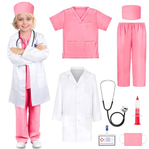 Joxessaien Arztkoffer Kinder Kostüm Arzt Kinder Cosplay, Doctor Fancy Dress Up Spielsets Rollenspiel Zubehör Fasching Halloween Geschenke für Kinder Jungen Mädchen 3 4 5 6 7 8 9 10 Jahre (Rosa, 140) von Joxessaien