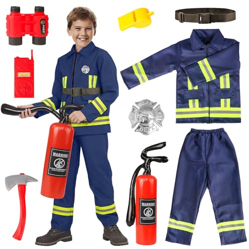 Joxessaien Feuerwehr Kostüm für Kinder Feuerlöscher Talkie Trillerpfeife Ausrüstungsset Feuerwehr Rollenspiel Kostüm für Jungen Faschingskostüm Halloween Karneval Cosplay Verkleidung Kostüm(110) von Joxessaien