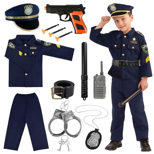 Joxessaien Polizei Kostüm Kinder Jungen, Polizistenkostüm inklusive Hemd, Hose, Hut, Handschellen, Walkie-Talkies und Abzeichen Polizeianzug Cosplay für Halloween Karneval von Joxessaien