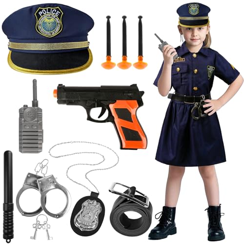 Joxessaien Polizei Kostüm Kinder Mädchen, Polizistenkostüm inklusive Hemd, Hose, Hut, Handschellen, Walkie-Talkies und Abzeichen Polizeianzug Cosplay für Halloween Karneval von Joxessaien