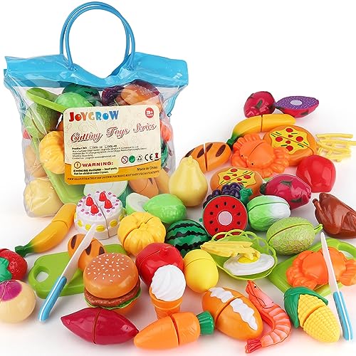 JoyGrow 32 Stück Lebensmittel Spielzeug Obst Gemüse Spielzeug Rollenspiele Pädagogisches Küchenspielzeug Zubehör ,Kinderküche Simulation für Kinder ab 3 Jahren Mädchen (Blue) (Red) von JoyGrow