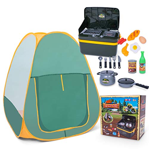 JoyKip Pop Up Camping Zelt für Kinder ab 3 Jahren, tragbares Spielzelt und Camping grillset mit Grillzubehör, Grill Spielzeug mit Licht und Sound von JoyKip