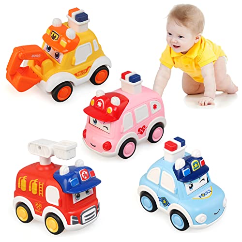 JoyPlus Spielzeugautos ab 1 Jahr,4 Stück Aufziehauto,Spielzeugauto Set Baby Auto Spielzeug Fahrzeuge Reibung Zurückziehen Spielzeugautos für 1+ Jahre Kinder(Polizeiauto/Krankenwagen/Feuerwehrauto/lkw) von JoyPlus