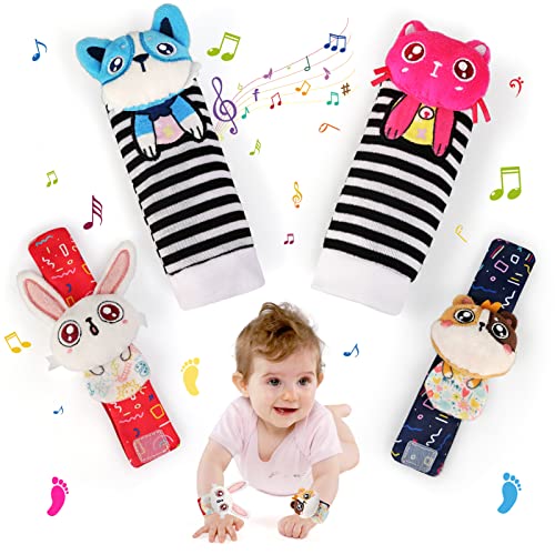 JoyPlus Baby Rasseln Spielzeug Handgelenk Und Socken, 4 Stück Fuß und Handgelenk Rassel Finder Plüschtier Spiel Socken Nettes Tier Weiches Baby Handgelenk für Neugeborene Mädchen und Jungen Geschenk von JoyPlus