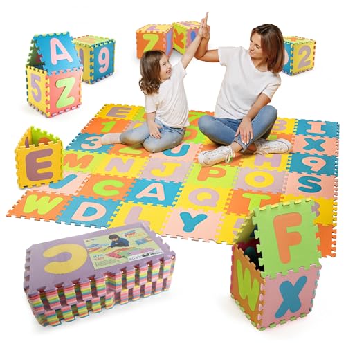 Joya Creative Spielmatte 86-TLG. - Puzzle-Schaumstoffmatte mit Zahlen & Buchstaben - Schutzmatte Kinderteppich - Lernmatte für Kinderzimmer & Spielzimmer - 180x180 cm - Bunt von Joya Creative