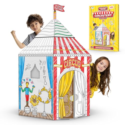 Joya Creative Zirkuszelt Karton Spielhaus zum Ausmalen – Kreatives Kinderzelt mit Zirkus-Motiven – Fördert Fantasie und Kreatives Spielen – Einfacher Aufbau für Zuhause von Joya Creative