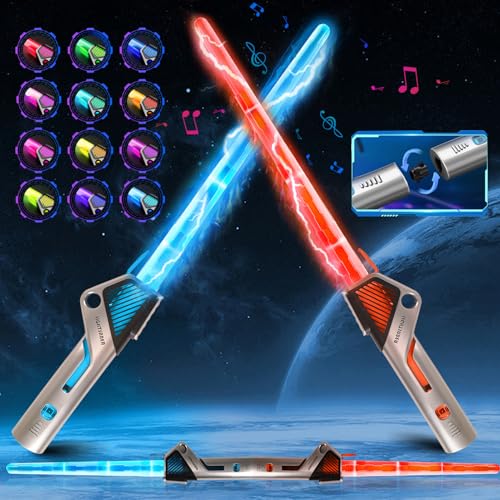 Joycabin 2 Stück Lichtschwert Kinder, Duell Lichtschwerter Mit 12 Farben Und Soundeffekten, Retractable LED Lightsaber Spielzeug, 2 in 1 Lichtschwert für Erwachsene und Jungen Kinder Geschenk Cosplay von Joycabin