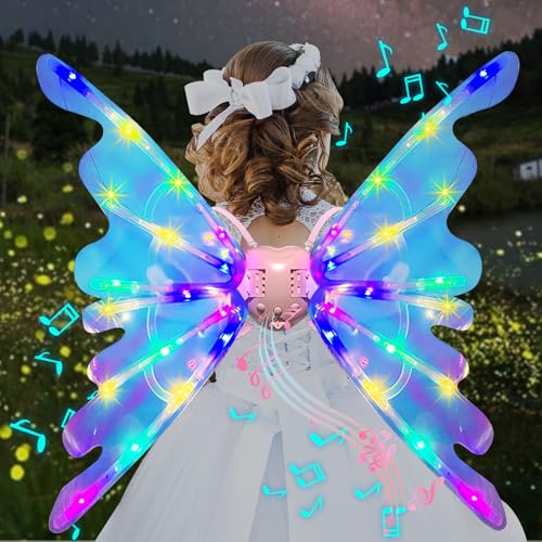 Joycabin Elektrische Feenflügel mit LED Lights, Feenflügel Schmetterlingsflügel mit Musik, Leuchtende Flügel für Kinder, Mädchen, Frauen, Halloween, Weihnachten, Funkelnde Engelsflügel, Partygeschenk von Joycabin