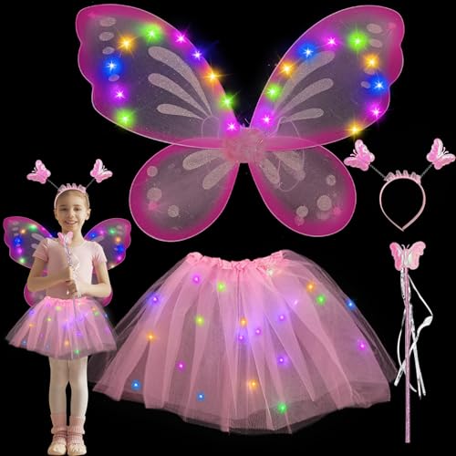 Joycabin Leuchtend Feenkostüm Feenflügel Schmetterlingsflügel, LED Tutu Tüllrock mit Haarreif, Zauberstab, LED Flügel Kinder Mädchen, Flügel Kostüm für Karneval, Halloween, Fasching, Mottoparty von Joycabin