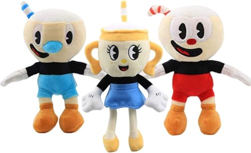 Joyes 3-Teiliges Cuphead-Plüsch-Mugman-Spielpuppenspielzeug, 9,8-Zoll-Abenteuer Ms Chalice Mecup Und Brocup Weiche Gefüllte Plüschtiere, Für Kindergeburtstagsgeschenk von Joyes