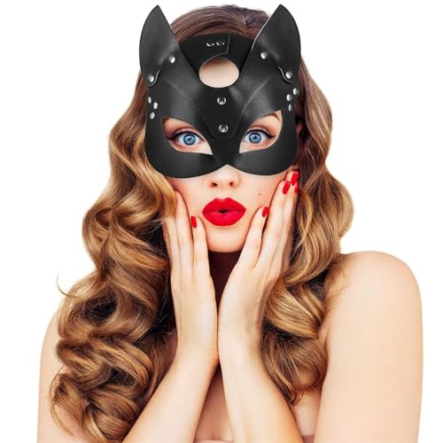 Joyes Halloween Katze Maske Damen, Maske Maskenball Augenmaske, Schwarze PU Leder Maske für Maskerade Fasching Karneval Party Christmas von Joyes