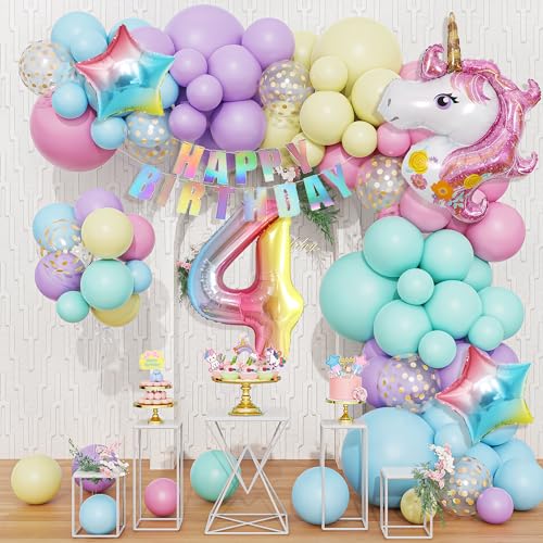 120 Stück 4th Einhorn Ballons Geburtstagsdekoration Mädchen Pastell Macaron Luftballon Girlande Arch Kit, Rosa Lila Confetti Latexballons mit Folienballon Zahl 4th Kuchen Topper Happy Birthday banner von JoyeuVie