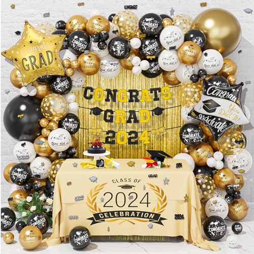 121Stück 2024 Luftballons Graduation Party Dekorations Schwarz Gold Bedruckter Luftballons Congrats Grad 2024 Flaggenziehung Grads Aluminium Ballon für Graduation Abschluss Hochschule Party Deko von JoyeuVie