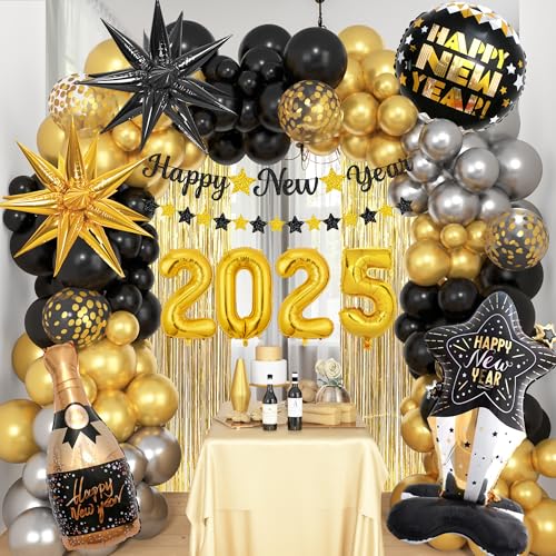 127Stück 2025 Silvester New Year Luftballon Girlande Party Dekoration Neujahr Silvesterdeko Schwarz Gold Luftballons Happy New Year Banner Gold Franse für 2025 New Year Neujahr Silvester Deko von JoyeuVie