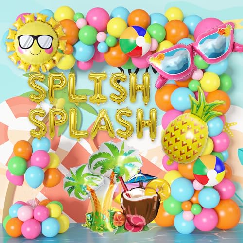 143Stück Tropische Beach Luftballon Girlande Deko Hawaii Blau Rosa Grün Ballons Sommer Kinder Geburtstag Strandball SPLISH SPLASH Ananas Luftballon Sonne Strand Pool Luau Aloha Party Dekoration von JoyeuVie