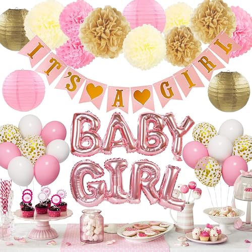 Baby Girl Rosa Weiß Luftballons Baby Shower Birthday Party Dekoration mit Ita a Girl Banner Baby Girl Folienballon Papierblume für Babyparty Babydusche Gender Revel Luftballons Party Deko von JoyeuVie