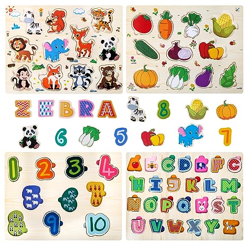 Holzpuzzle Kinder Montessori Holespielzeug ab 1 2 3 Jahr Steckpuzzle Bunten Designs Alphabeten Zahlen Tiere Holz Kinderspielzeug Fähigkeiten Jungen Mädchen Halloween Christmas Geschenk von JoyeuVie