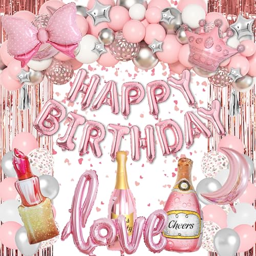 Rosa Silbrig Luftballon Girlande Kit Mädchen Geburtstag Party Dekoration Rosa Bogen Krone Lippenstift Love Happy Birthday Folien Luftballon für Mädchen Baby Shower Hochzeit Party Deko von JoyeuVie