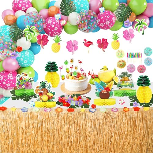 Tropische Hawaii Luau Party Deko, 102Pcs Tropische Aloha Sommer Strand Geburtstagszubehör Luftballon Gras Tischrock Honigwaben Mittelstück Flamingo Ananas Hibiskus Palm Banner Kuchen Topper von JoyeuVie