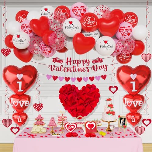 Valentinstag Luftballons Romantische Rot Rosa Weiß Party Dekoration 51Stück Druck Lates Luftballons 1000Stück Rosenblätter I LOVE YOU Aluminium Luftballons für Valentistage Hochzeitstag Braut Deko von JoyeuVie