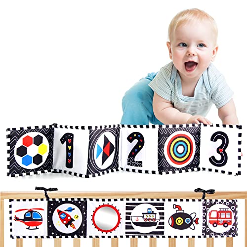 Joyfia Stoffbuch für Babys, Schwarz und Weiß Kontrastreiche Kinderwagen Auto Sitz Tuch Buch, Hängende Tummy Time Spiegel Krippe Spielzeug, lernspielzeug Geschenk 0-12 Monate Neugeborene Säuglinge von Joyfia