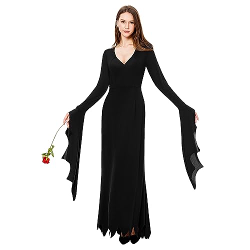 Joykindom Damen Morticia Addams Kostüm Halloween Hexenkleid Gothic Addams Kostüm Schwarz Lange Kleid für Karneval Fasching L von Joykindom