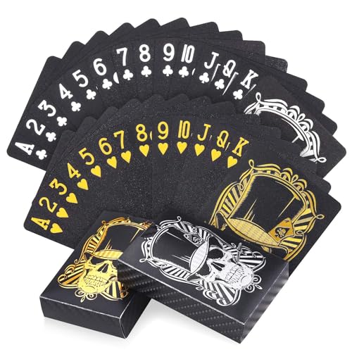 Joyoldelf 2 Decks Cool Black Playing Cards, Skull Pattern Waterproof Deck of Cards Set with Playing Card Case, Poker Cards for Party and Games, 1 Gold + 1 Sliver von Joyoldelf