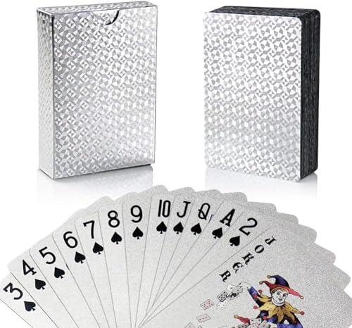 Joyoldelf Poker-Karten, Kartenspiel, PVC, wasserdicht, Blattgold, mit Geschenkbox, Kartenspiel 54, perfekt für Party und Spiel (Silber) von Joyoldelf