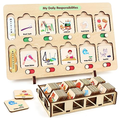 Joyreal Visueller Zeitplan für Kinder im Alter von 3 4 5 6 Jahren, Aufgabendiagramm, Autismus, Lernmaterialien für Zuhause, Schule, Klassenzimmer, Routinediagramm mit 75 Holzkarten und von Joyreal