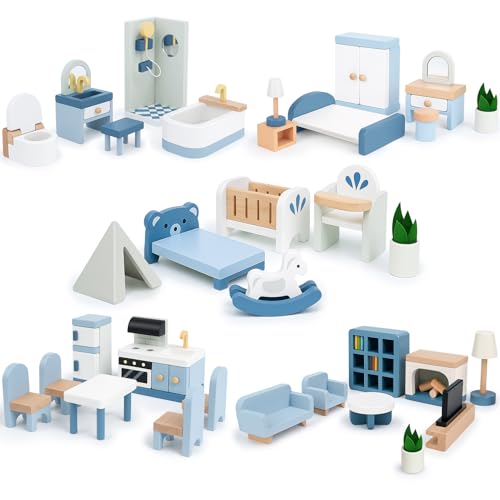 Wooden Dollhouse Furniture Set, 32 Pcs Sanlebi Doll House Accessories and Furniture, Miniature Furniture Including 5 Room Kits, Pretend Play Toy Gift for Boys Girls Toddler 3+ Wooden Dollhouse Furniture Set, 32 Pcs Sanlebi Doll House Accessories and Furniture, Miniature Furniture Including 5 Room Kits, Pretend Play Toy Gift for Boys Girls Toddler 3+ von Joyreal