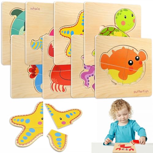 8Pcs Montessori Holzpuzzle, Steckpuzzle Holzpuzzle Spielzeug, Meerestiere Holzpuzzle für Baby und Kleinkind, Pädagogisches Spielzeug Geschenke für Kinder ab 1 2 3 4 Jahre von Joyseedi