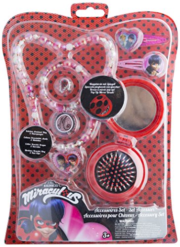 Joy Toy 65988 Miraculous Schmuckset mit 2 Glitzer-Haarspangen, Perlenkette, Perlenarmand, Ring und Pop Up Bürste mit Spiegel auf Blisterkarte 20 x 2 x 28,5 cm, bunt von Joytoy