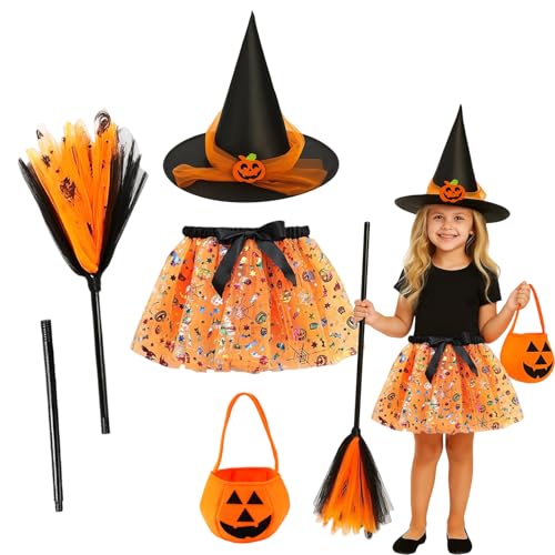 Hexenkostüm Kinder, Halloween Kostüm Kinder Mädchen, 4-Teiliges Halloween Kostüm Hexe Set Mit Hexen Hut, Besen, Tüllrock und Kürbis Tasche, für Mottopartys und Karneval, für Ab 14 Jahren Hexenkostüm Kinder, Halloween Kostüm Kinder Mädchen, 4-Teiliges Halloween Kostüm Hexe Set Mit Hexen Hut, Besen, Tüllrock und Kürbis Tasche, für Mottopartys und Karneval, für Ab 14 Jahren von JrnSvp