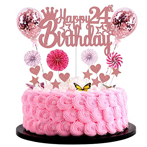 Jrzyhi Happy 24th Birthday Tortendeko frau 24. Geburtstag Hello 24 Cake Topper Rosegold Kuchen Topper 24 Kuchen Deko 24 Geburtstag mann Tortendeko 24 jahre frau Glitter Cake Topper für 24 Geburtstag von Jrzyhi