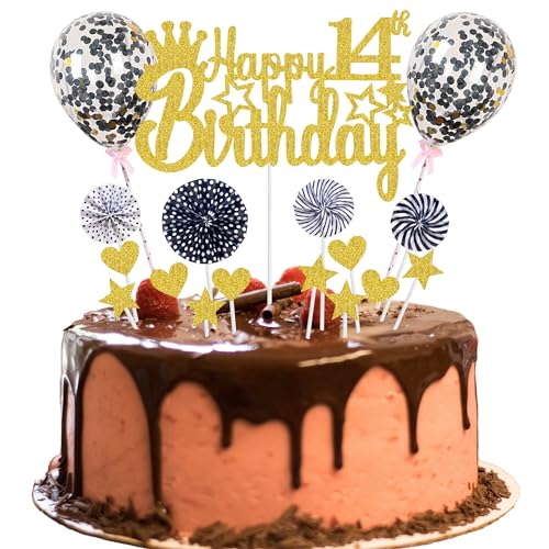 Happy 14th Birthday Tortendeko 14 jahre junge mädchen Kuchendeko 14. Geburtstag Gold Schwarz Tortendeko 14. Geburtstag junge Tortendeko Gold Mit Herz Stern Ballon Glitter Cake Topper für 14 Geburtstag von Jrzyhi