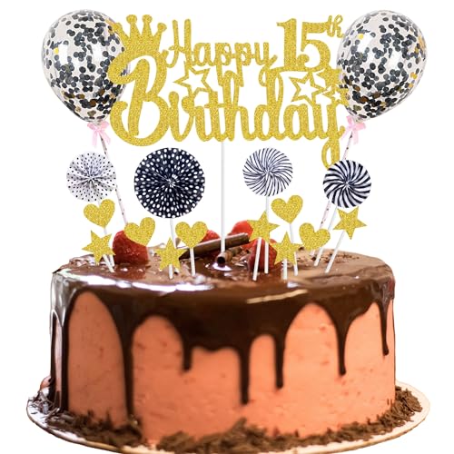 Happy 15th Birthday Tortendeko 15 jahre junge mädchen Kuchendeko 15. Geburtstag Gold Schwarz Tortendeko 15. Geburtstag junge Tortendeko Gold Mit Herz Stern Ballon Glitter Cake Topper für 15 Geburtstag von Jrzyhi