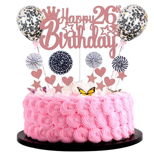 Happy 26th Birthday Tortendeko frau 26. Geburtstag Hello 26 Cake Topper Rosegold Schwarz Kuchen Topper 26 Kuchen Deko 26 Geburtstag mann Tortendeko 26 jahre frau Glitter Cake Topper für 26 Geburtstag von Jrzyhi