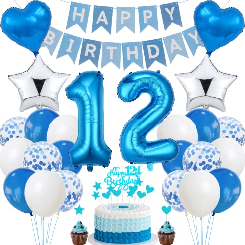 Jrzyhi 12. Geburtstag Dekoration,Blau Tortendeko Geburtstag 12 Jahre Junge,Party Deko Silber,12 Geburtstag Mädchen Junge,Tortendeko 12. Geburtstag Junge Mädchen,Geburtstagsdeko 12 Jahre Junge Mädchen von Jrzyhi