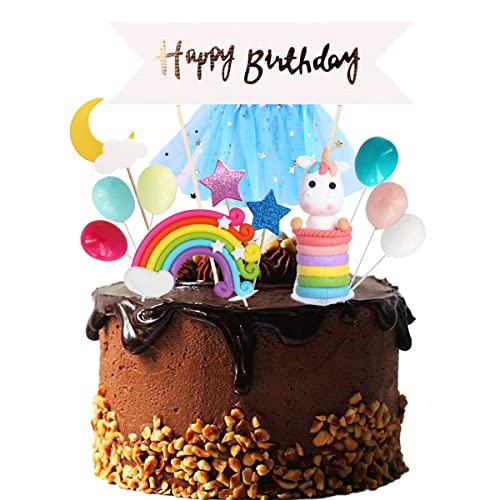 Jrzyhi Einhorn Regenbogen Tortendeko Gold Happy Birthday Girlande Luftballon Kuchen Topper Cupcake Topper Einhorn Tortendeko Geburtstag für Mädchen Geburtstag Happy Birthday Luftballon Wolke Mond von Jrzyhi