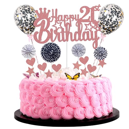 Happy 21th Birthday Tortendeko frau 21. Geburtstag Hello 21 Cake Topper Rosegold Schwarz Kuchen Topper 21 Kuchen Deko 21 Geburtstag mann Tortendeko 21 jahre frau Glitter Cake Topper für 21 Geburtstag von Jrzyhi