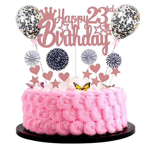 Happy 23th Birthday Tortendeko frau 23. Geburtstag Hello 23 Cake Topper Rosegold Schwarz Kuchen Topper 23 Kuchen Deko 23 Geburtstag mann Tortendeko 23 jahre frau Glitter Cake Topper für 23 Geburtstag von Jrzyhi