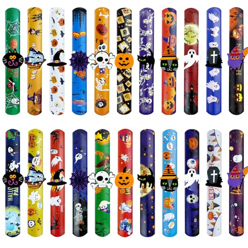 Jsdoin 24 PCS Halloween Slap Armbänder Kürbis-Armbänder enthalten Kürbis-Geist-Spinnen-Fledermaus-Skelett-Designs für Kinder-Party-Taschen-Füller, Party-Bevorzugungen, Halloween-Spielzeug von Jsdoin